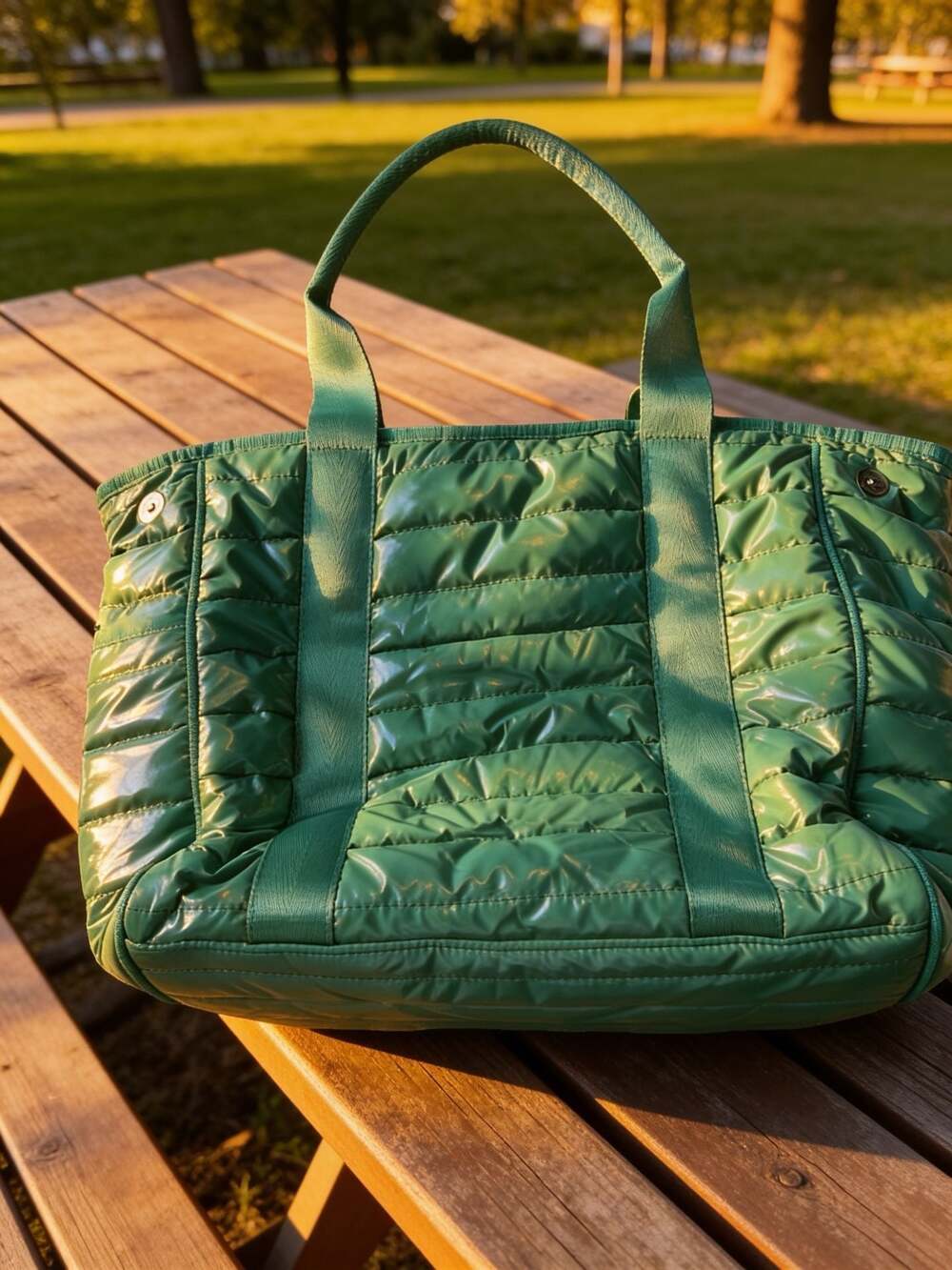 Ah-Dorned Shiny Green Puffy Quilted Tote Bag